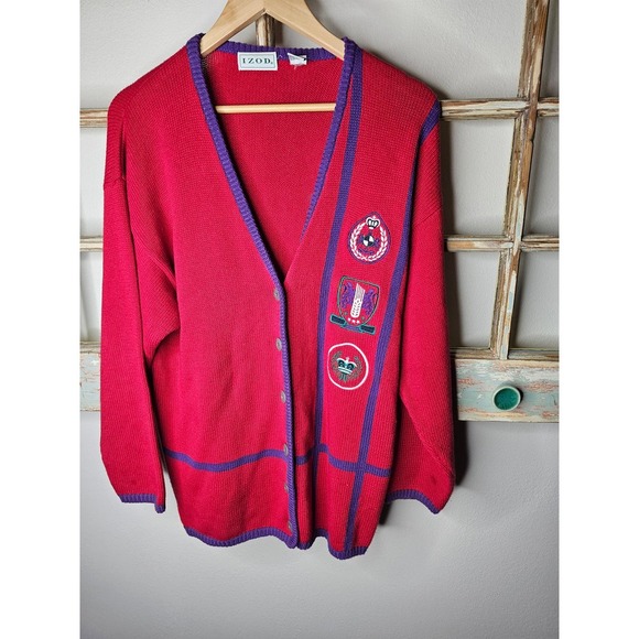 Vintage Red & Purple Button Up Cardigan with Patches Ladies size Medium - Picture 1 of 7